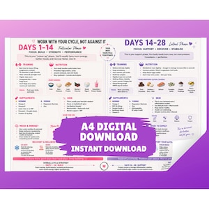 May include: A4 digital download with the text "Work with your cycle, not against it" and "Days 1-14 Follicular Phase" and "Days 14-28 Luteal Phase". The infographic includes sections on training, nutrition, supplements, skin, mood, and recovery.