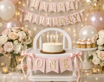 Blush Gold High Chair Banner One High Chair Sign Baby Girl 1st Birthday One Photo Prop Banner Decorations One Year birthday