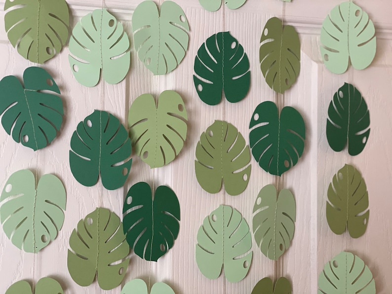 K&ouml;nnte beinhalten: Eine Girlande aus Papier-Monstera-Bl&auml;ttern in verschiedenen Gr&uuml;nt&ouml;nen h&auml;ngt vor einem wei&szlig;en Hintergrund. Die Bl&auml;tter sind mit detaillierten Kanten und L&ouml;chern geschnitten, wodurch ein tropisches, botanisches Thema entsteht. Ideal f&uuml;r Partydekorationen.