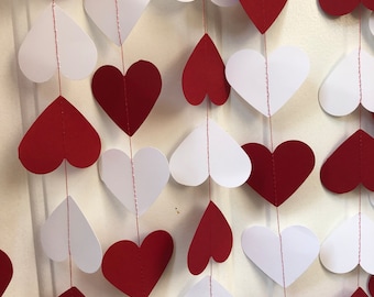 Red White Heart Garland Valentines Day decor paper garland Red & White Heart Banner Paper heart garland, 10 ft. long