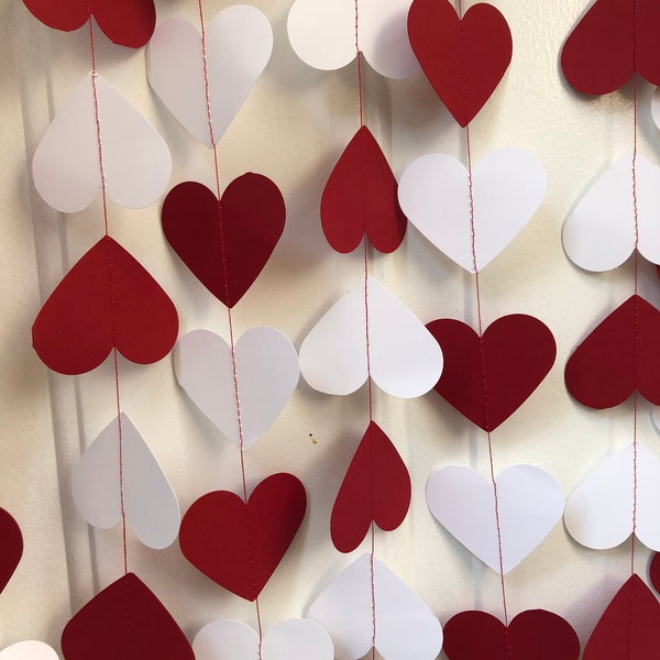 Red White Heart Garland Valentines Day decor paper garland Red & White Heart Banner Paper heart garland, 10 ft. long