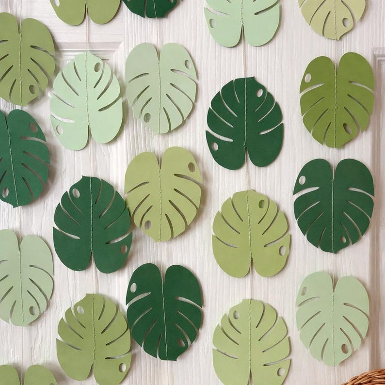 K&ouml;nnte beinhalten: Girlande aus Papier-Monstera-Bl&auml;ttern in verschiedenen Gr&uuml;nt&ouml;nen. Die Bl&auml;tter sind mit Adern versehen und an einer Schnur befestigt, wodurch eine dekorative Girlande entsteht. Sie sind vor einem wei&szlig;en Hintergrund angeordnet.