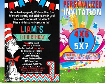 Cat In The Hat Birthday Invitations Etsy
