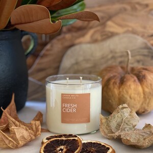 May include: A clear glass candle jar with a brown label that reads "Urban Melts Candle Co. Fresh Cider"  Hand poured in California. Soy wax candle. The candle is surrounded by dried orange slices and fall leaves.
