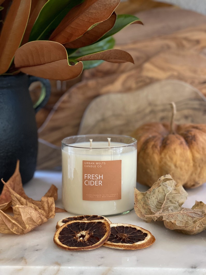 May include: A clear glass candle jar with a brown label that reads "Urban Melts Candle Co. Fresh Cider"  Hand poured in California. Soy wax candle. The candle is surrounded by dried orange slices and fall leaves.