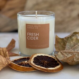 May include: A clear glass candle jar with a white soy wax candle inside. The candle is labeled "Urban Melts Candle Co. Fresh Cider" with a brown label. The candle is sitting on a white surface with dried orange slices and fall leaves.