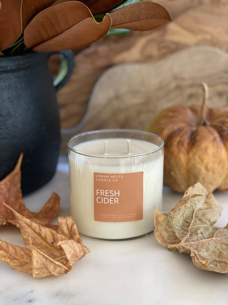 May include: A clear glass candle jar with a brown label that reads "Urban Melts Candle Co. Fresh Cider"  Hand poured in California. Soy Wax Candle. The candle is sitting on a white surface with fall leaves and a small pumpkin.