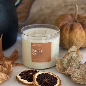 May include: A clear glass candle jar with a white candle inside. The candle has two wicks and a label that reads "Urban Melts Candle Co. Fresh Cider". The candle is surrounded by fall-themed decor, including dried orange slices, leaves, and a small pumpkin.