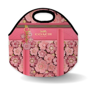 Designer Inspired Lunch Tote: Black Trim, School or Work Bag Pink Multicolored