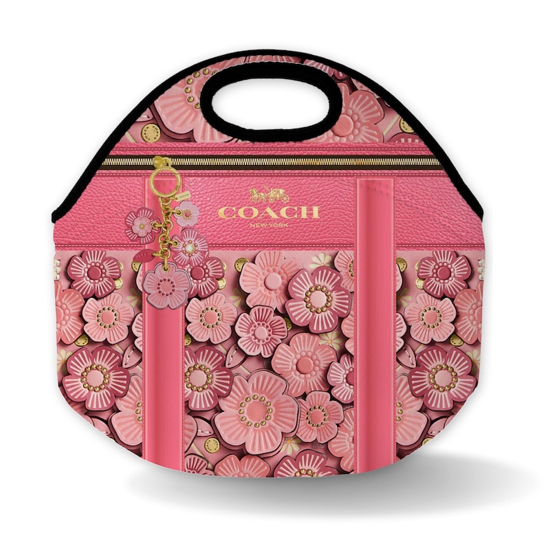 Designer Inspired Lunch Tote: Black Trim, School or Work Bag Pink Multicolored