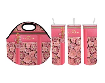 2 piece set: Designer Inspired Pink Insulated Tumbler and Reusable Lunch Tote/Bag