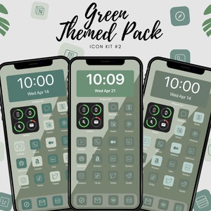 Puede incluir: Tres smartphones que muestran un paquete de iconos con temática verde. Las pantallas muestran iconos de aplicaciones en una combinación de colores verde coordinada, con la hora mostrada como 10:00 y 10:09. El texto "Green Themed Pack" y "Icon Kit #2" son visibles.