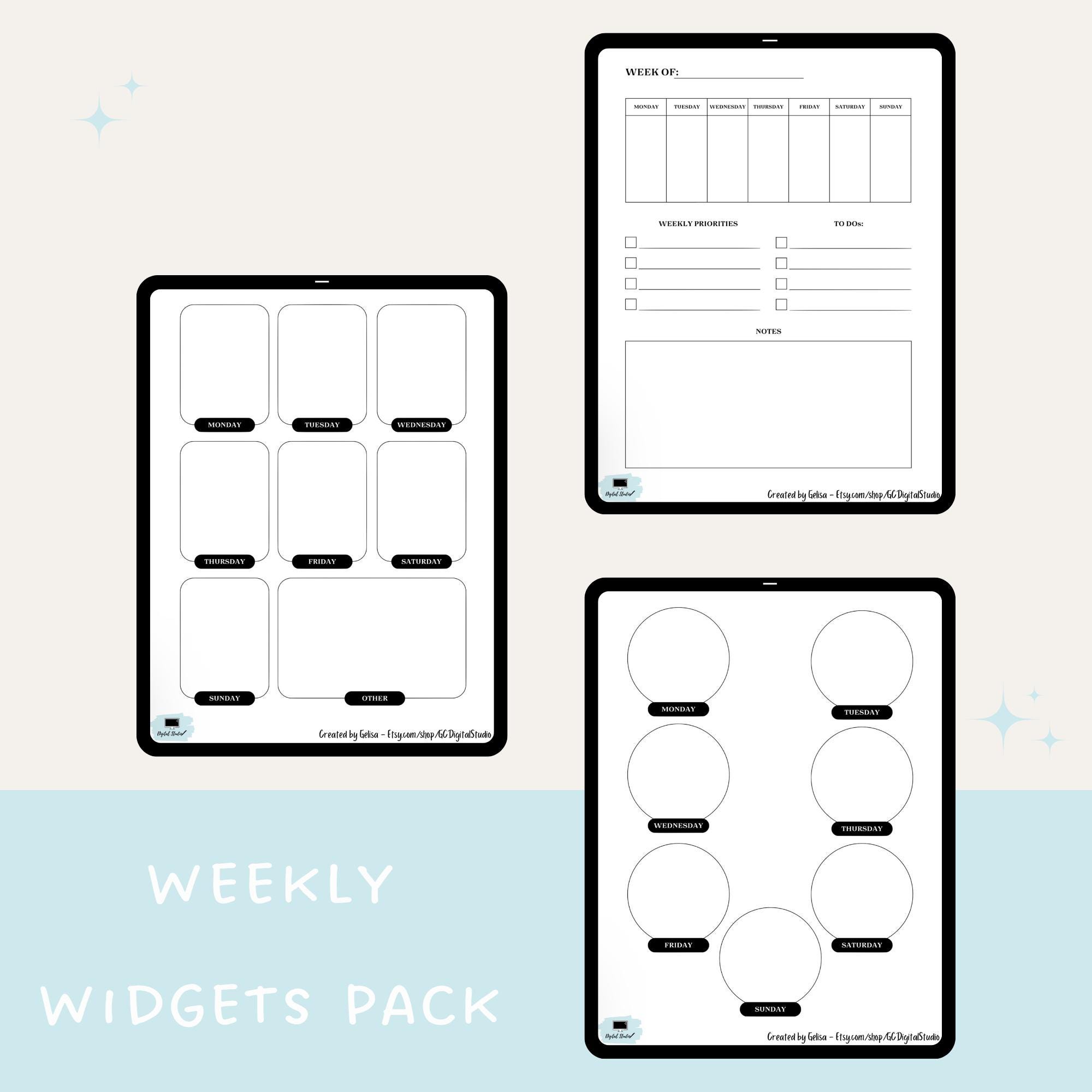 Weekly Inserts, Digital Planner Pages, Widgets ONLY, 7 Different Styled ...