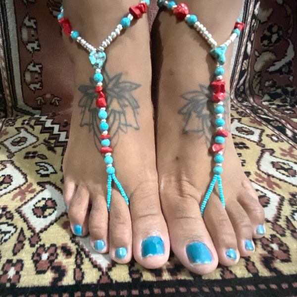 Handmade Beaded Native Inspired Barefoot Sandal, Toe Thong, Foot Jewelry, for Beach, Home, Hanging Out At The Park