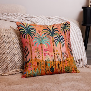 Magical Flowers and Tropical Palms Colorful Whimsical Illustrated Basic Pillow
