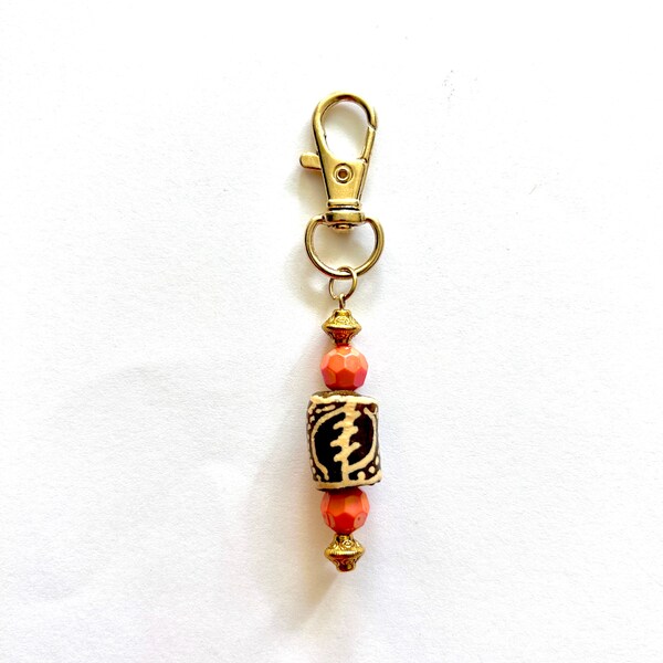 Brown and Tan Adinkra Zipper Charm or Keychain with Tangerine Beads