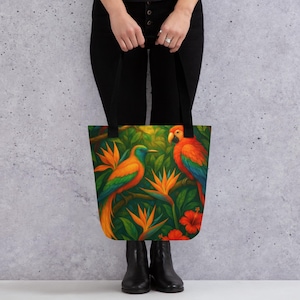 Tropical Jungle Birds Tote Shoulder Travel Bag – Parrot and Exotic Flowers Nature