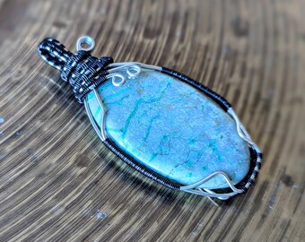 Large Chrysocolla Black and Silver Wire Wrapped Pendant Necklace