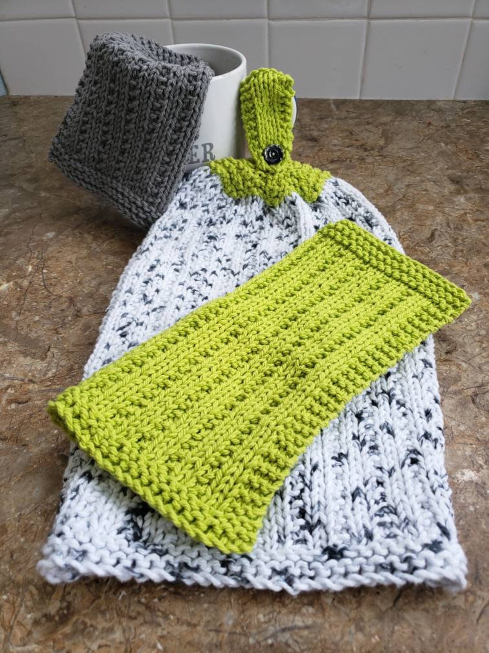 Hanging knitted hand towel with button knit dish towel Etsy
