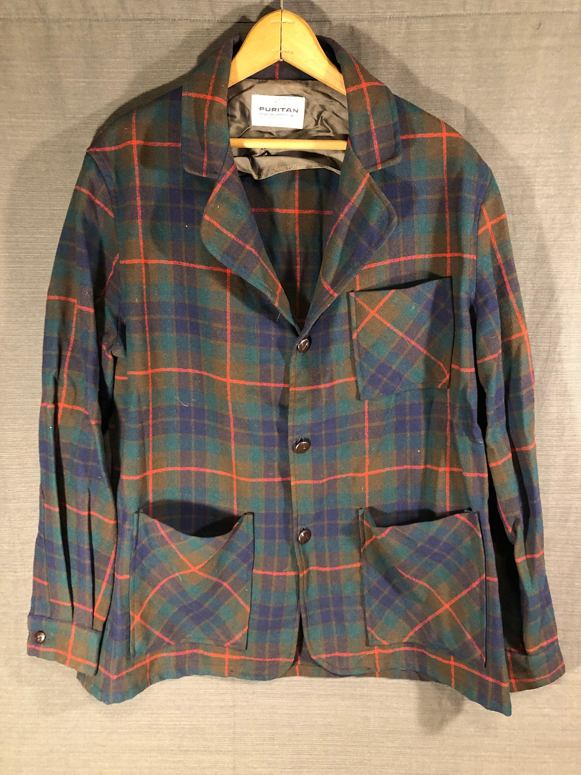 Puritan Aqua Wool Blue Plaid Hunting Shirt Mens M Leather Etsy