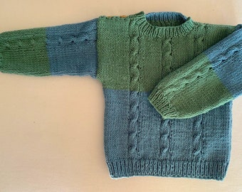 100% Cotton Cable Jumper Blue/Green  Newborn - 3 Mths Hand Knitted