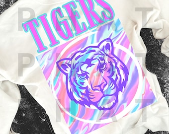 Retro Neon Bright School Mascot Tiger Png Bright Preppy Aesthetic Mascot Png Popular Trending School pride png School spirit png sub dtf