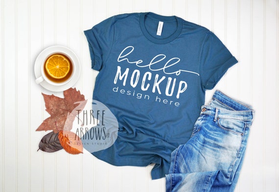 Bella Canvas 3001 Autumn Mockup Steel Blue Tshirt Flat Lay Etsy