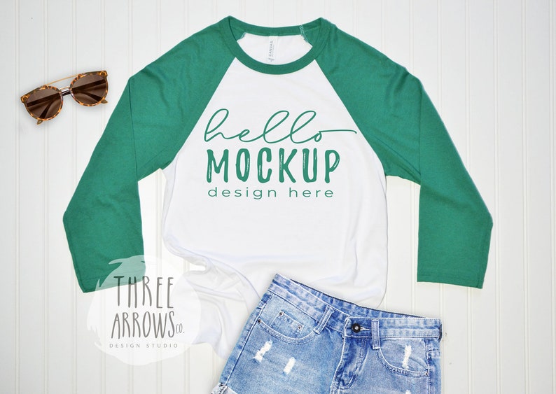 Download Bella Canvas 3200 Mockup Kelly Green Raglan Tshirt Flat ...