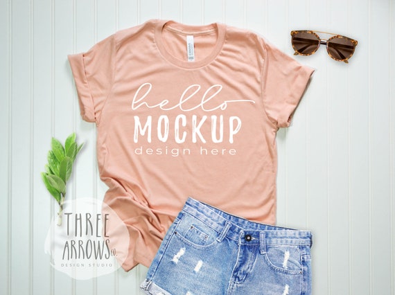 Bella Canvas 3001 Mockup Heather Peach Tshirt Flat Lay Etsy