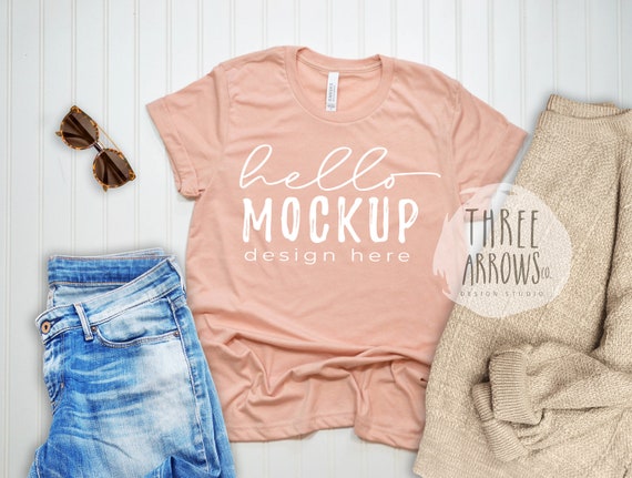 Bella Canvas 3001 Mockup Heather Peach Tshirt Flat Lay Etsy