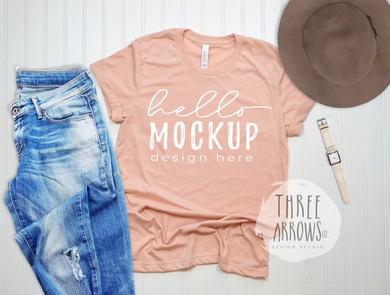 Bella Canvas 3001 Mockup Heather Peach Tshirt Flat Lay Etsy