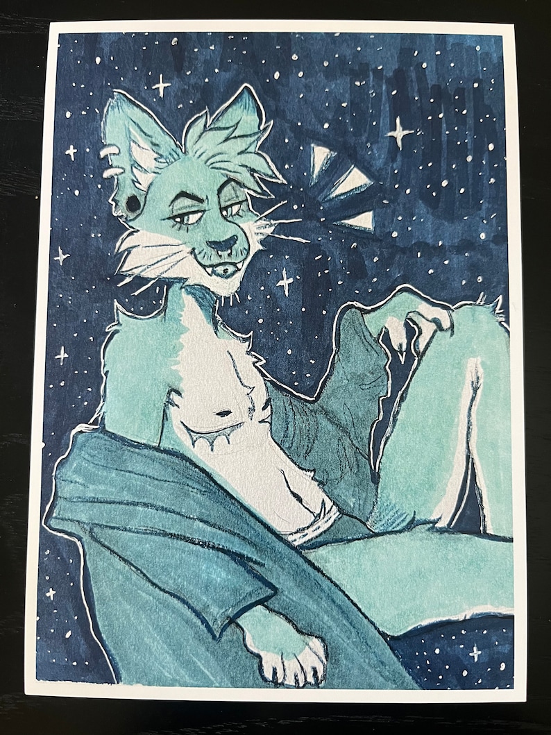 May include: A blue and white furry creature with a sly expression, wearing a blue robe, against a dark blue starry background.