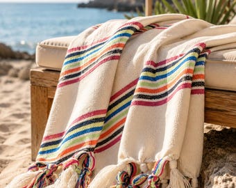 Handwoven Turkish Cotton Blanket: Boho Beach Throw, Farmhouse Decor
