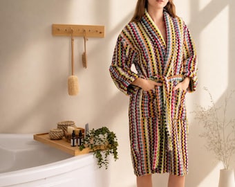 Rainbow Turkish Cotton Bathrobe Plush Handwoven Spa Robe