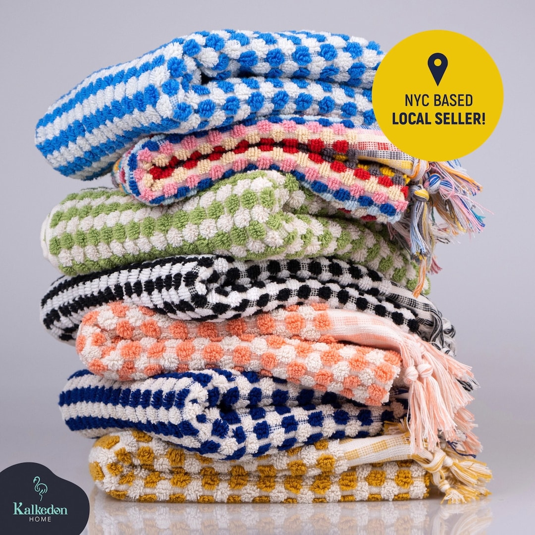 Organic Turkish Cotton Hand Towel with Pom Poms: Absorbent Bathroom Decor - Mustard, Hand Towel