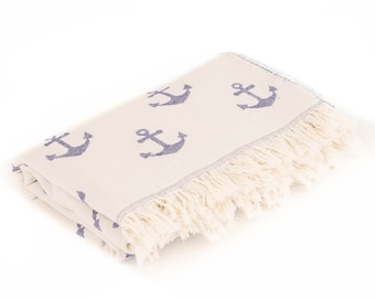 Turkish Beach Towel| Peshtemal | Supreme Quality Cotton Towel | Anchor Design | Double Sided | Beach Gifts | Plush Turkish Bath Towel
