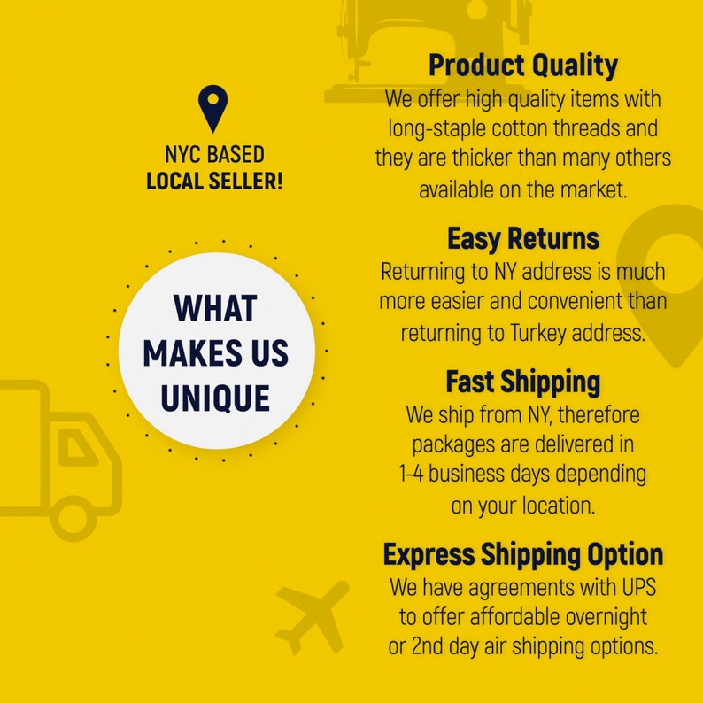 May include: A yellow informational graphic titled WHAT MAKES US UNIQUE. It lists Product Quality, Easy Returns, Fast Shipping, and Express Shipping Option. It features icons of a sewing machine, a location pin, a delivery truck, and an airplane.