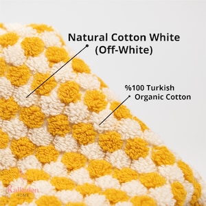 May include: A textured fabric with a repeating pattern of yellow and off-white circular tufts. Text on the image reads: Natural Cotton White (Off-White) and %100 Turkish Organic Cotton. The Kalkedon Home logo is visible in the bottom left corner.