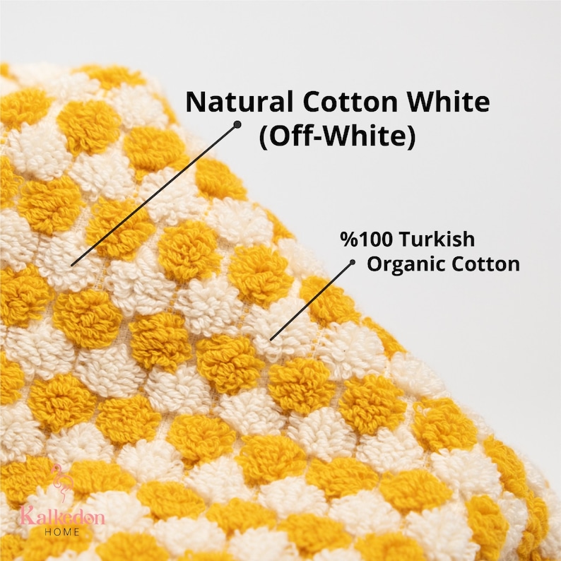 May include: A textured fabric with a repeating pattern of yellow and off-white circular tufts. Text on the image reads: Natural Cotton White (Off-White) and %100 Turkish Organic Cotton. The Kalkedon Home logo is visible in the bottom left corner.
