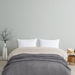 May include: A bed featuring a layered bedding set with a dark charcoal grey textured blanket on top of a light beige textured blanket. Two plain white rectangular pillows are positioned at the head of the bed against a light grey wall.