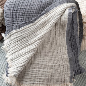 May include: A folded multi-layered muslin blanket featuring a dark charcoal grey exterior and a cream-coloured interior. The fabric has a distinct crinkled, textured grid pattern and is finished with frayed, raw edges along the border.
