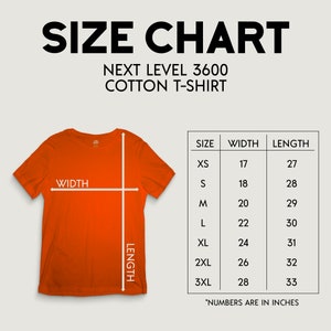 Puede incluir: Tabla de tallas para una camiseta de algod&oacute;n Next Level 3600. La tabla muestra el ancho y la longitud en pulgadas para las tallas XS a 3XL.