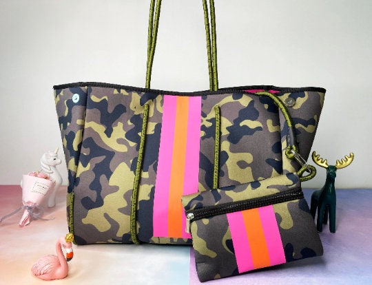 Haute Shore  Camo Neoprene Card Case Wallet w/Pink Orange Stripe