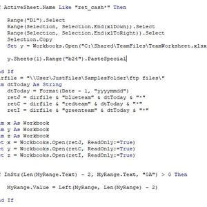 Può includere: Un frammento di codice nel linguaggio di programmazione VBA. Il codice include comandi per selezionare celle, copiare dati, aprire cartelle di lavoro e incollare dati in una cella specifica.