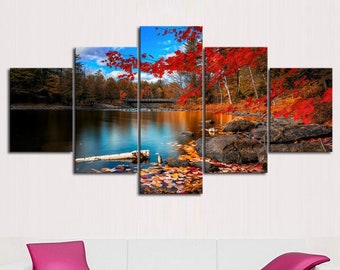 3 Panel Canvas Picture Print Autumn Rivers Coast Orange Trees 3.2