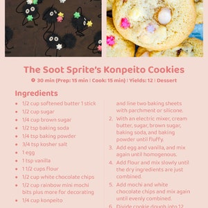 Pode incluir: Uma receita de biscoitos Konpeito Soot Sprite, com uma foto dos biscoitos e uma lista de ingredientes e instru&ccedil;&otilde;es. Os biscoitos s&atilde;o redondos e de cor castanho claro com peda&ccedil;os de chocolate branco e granulado colorido.