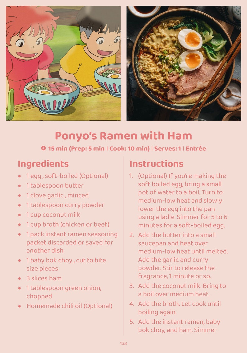Pode incluir: Uma tigela de ramen com presunto, bok choy e dois ovos cozidos. O ramen &eacute; coberto com cebola verde e molho vermelho. A tigela est&aacute; sobre uma mesa de madeira. A receita &eacute; intitulada "Ramen de Ponyo com Presunto" e inclui uma lista de ingredientes e instru&ccedil;&otilde;es.