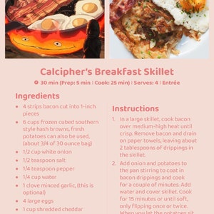 Pode incluir: Uma receita para o Calcipher's Breakfast Skillet, com uma ilustra&ccedil;&atilde;o de desenho animado de uma frigideira com bacon e ovos, e uma foto de um prato com bacon cozido, hash browns e um ovo frito. A receita inclui ingredientes como bacon, hash browns, cebola branca, sal, pimenta, &aacute;gua, alho, ovos e queijo cheddar. As instru&ccedil;&otilde;es incluem cozinhar o bacon, adicionar as hash browns e a cebola, e cozinhar at&eacute; ficarem macias. A receita tamb&eacute;m inclui instru&ccedil;&otilde;es para adicionar alho e cozinhar por alguns minutos.