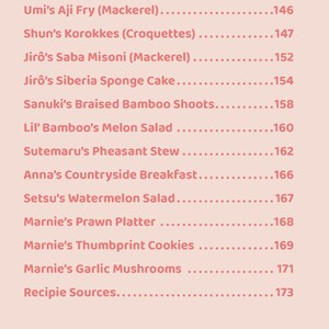 Pode incluir: Uma lista de alimentos e seus n&uacute;meros de p&aacute;gina correspondentes de um livro de receitas. A lista inclui pratos como o caf&eacute; da manh&atilde; de ovo e salame de Umi, o bento de Umeboshi de Umi e os cogumelos de alho de Marnie.