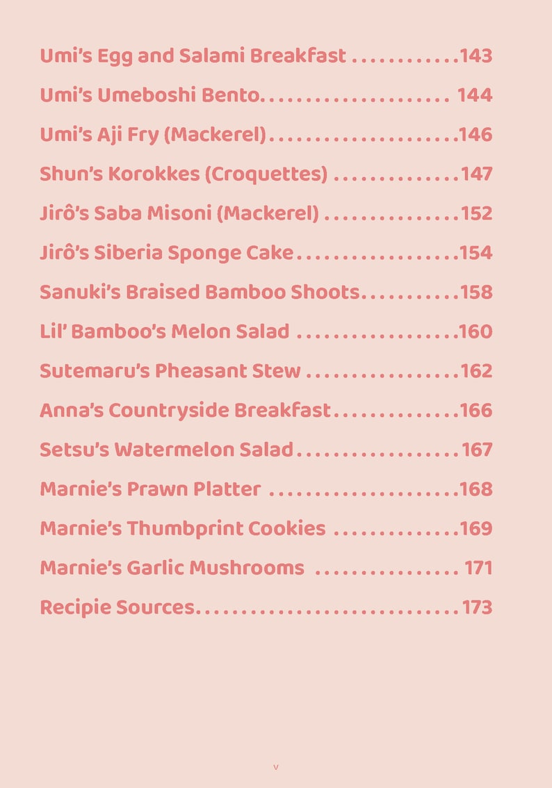 Pode incluir: Uma lista de alimentos e seus n&uacute;meros de p&aacute;gina correspondentes de um livro de receitas. A lista inclui pratos como o caf&eacute; da manh&atilde; de ovo e salame de Umi, o bento de Umeboshi de Umi e os cogumelos de alho de Marnie.